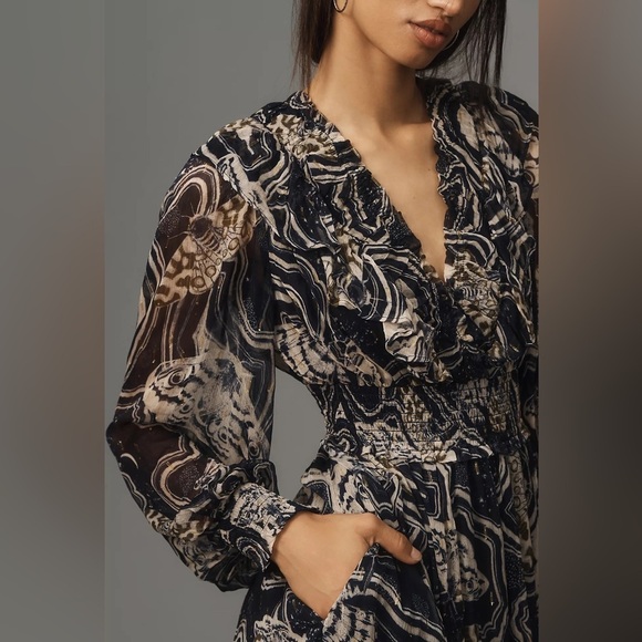 Anthropologie Printer Johnson Long-Sleeve V-Neck Textured Midi Dress - Picture 2 of 8